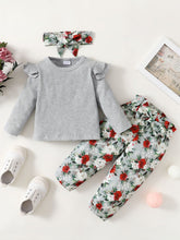 Load image into Gallery viewer, Girls Ribbed Top and Floral Bow Detail Pants Set
