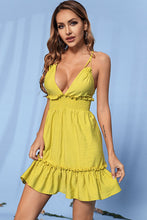 Load image into Gallery viewer, Frill Trim Smocked Waist Crisscross Plunge Dress
