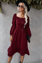 Load image into Gallery viewer, Square Neck Ruffle Hem Long Bubble Sleeve Midi Dress
