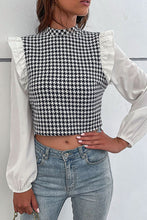 Load image into Gallery viewer, Houndstooth Ruffle Shoulder Mock Neck Crop Top

