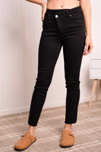 Load image into Gallery viewer, RISEN Full Size Asymmetrical Waist Raw Hem Jeans in Solid Black
