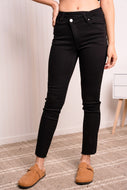 RISEN Full Size Asymmetrical Waist Raw Hem Jeans in Solid Black