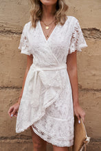 Load image into Gallery viewer, Tie Waist Surplice Neck Pom-Pom Trim Dress
