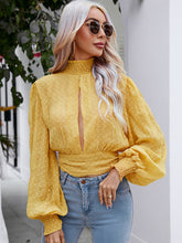 Load image into Gallery viewer, Swiss Dot Cutout Smocked Mock Neck Blouse
