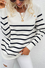 Load image into Gallery viewer, Striped Heart-Shaped Button Round Neck Sweater
