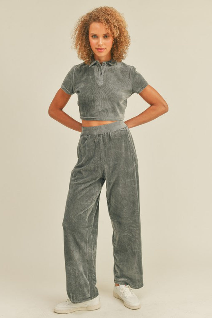 Kimberly C Full Size Cropped Polo Shirt and Wide Leg Pants Set