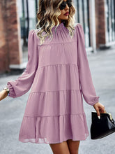 Load image into Gallery viewer, Frill Neck Puff Sleeve Tiered Dress
