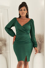 Load image into Gallery viewer, Long Balloon Sleeve Surplice Dress with Slit
