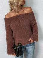 Off-Shoulder Fold-Over Fuzzy Sweater