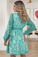 Load image into Gallery viewer, Pompom Trim Puff Sleeve Belted Lace Dress
