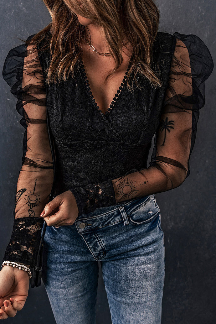 Lace Sheer Puff Sleeve Bodysuit