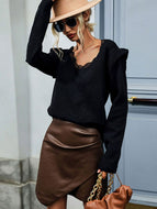 Lace Trim V-Neck Ribbed Trim Sweater