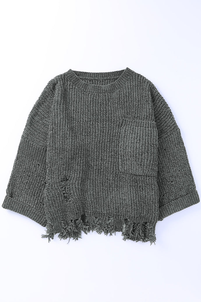 Distressed Rib-Knit Sweater with Breast Pocket