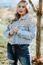 Load image into Gallery viewer, Plus Size Leopard Raw Hem Distressed Spliced Denim Jacket
