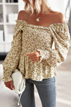 Load image into Gallery viewer, Floral Frill Trim Smocked Flounce Sleeve Peplum Blouse
