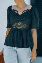 Load image into Gallery viewer, Lace Smocked Puff Sleeve Peplum Top
