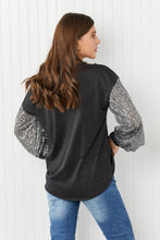 Load image into Gallery viewer, HOPELY Full Size Sequin Puff Sleeve Curved Hem Top in Charcoal
