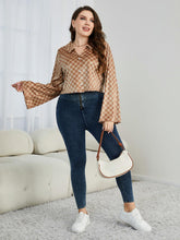 Load image into Gallery viewer, Plus Size Checkered Johnny Collar Flare Sleeve Shirt
