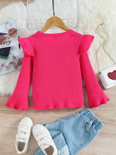 Load image into Gallery viewer, Girls Ruffle Shoulder Flare Sleeve Rib-Knit Sweater

