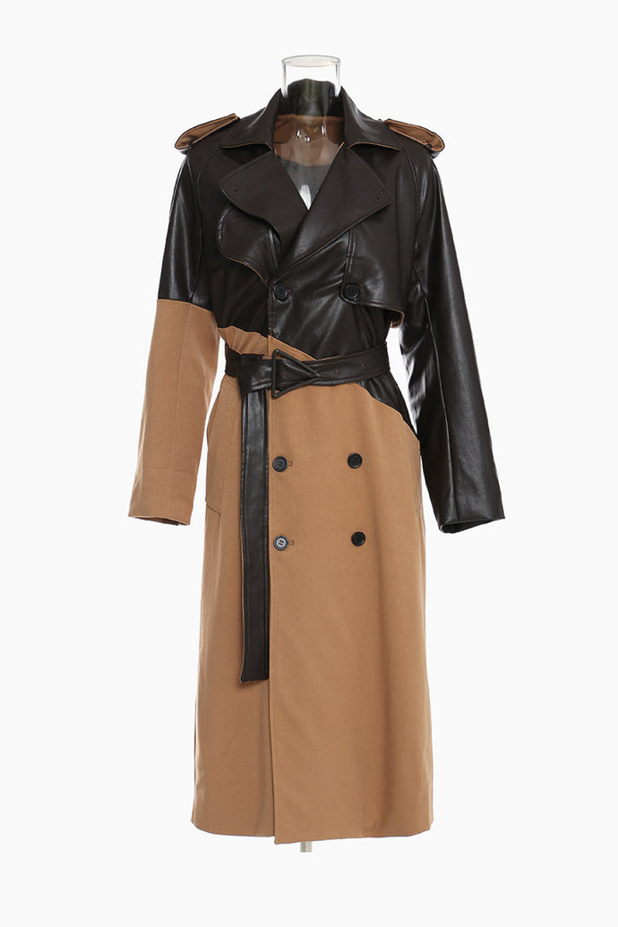 GAWQO Spliced Faux Leather Tie Waist Trench Coat