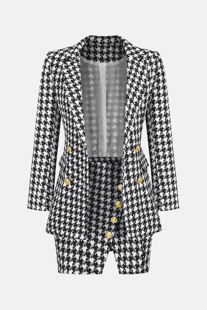 Houndstooth Double-Breasted Blazer and Slit Skirt Set