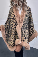 Animal Print Faux Fur Trim Poncho Jacket
