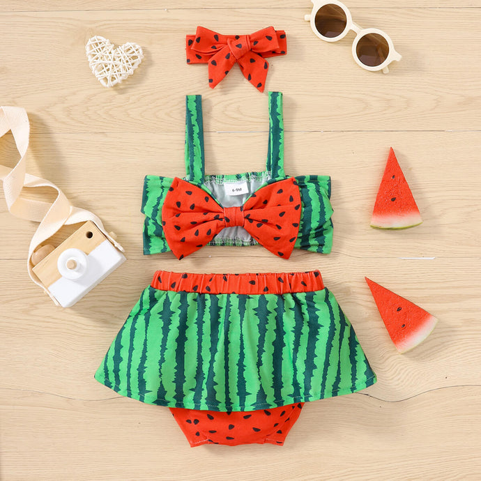 Baby Girl Watermelon Print Bow Cropped Top and Skort Set