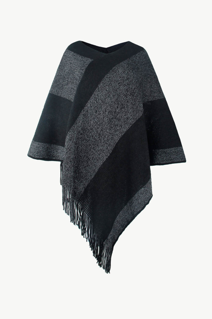 Color Block V-Neck Brushed Poncho