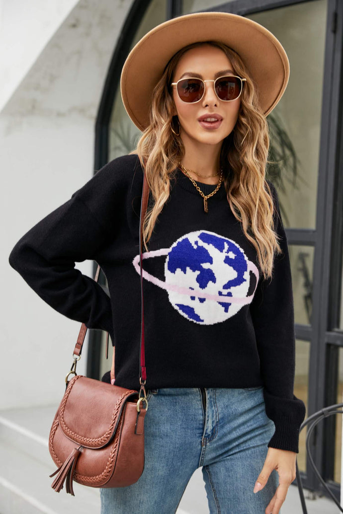 Earth Graphic Round Neck Dropped Shoulder Sweater