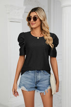 Load image into Gallery viewer, Eyelet Puff Sleeve Round Neck Blouse
