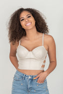 SHOPIRISBASIC Ready to Go Faux Leather Strappy Bustier Crop Top in Oyster