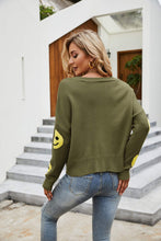 Load image into Gallery viewer, Smiley Face Ribbed Trim V-Neck Cardigan

