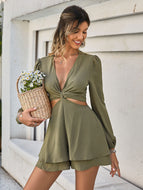 Cutout Tie-Back Plunge Layered Romper