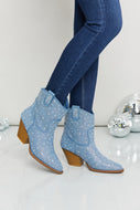Forever Link Rhinestone Cowboy Booties in Blue Denim