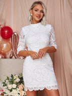 Scalloped Hem Half Sleeve Mock Neck Lace Dress