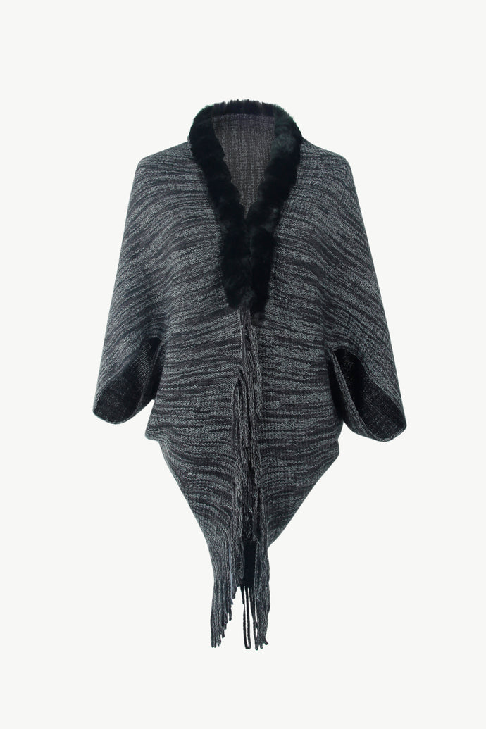 Heathered Dolman Sleeve Fringed Poncho