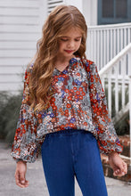 Load image into Gallery viewer, Girls Printed Notched Neck Puff Sleeve Blouse
