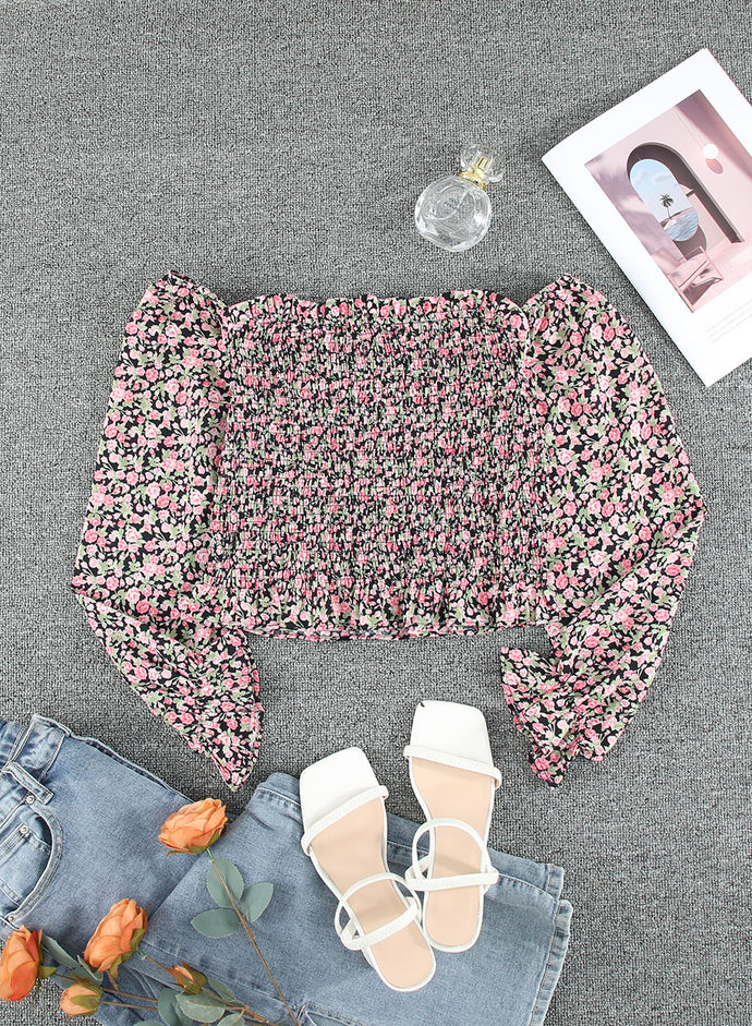 Ditsy Floral Off-Shoulder Smocked Crop Top
