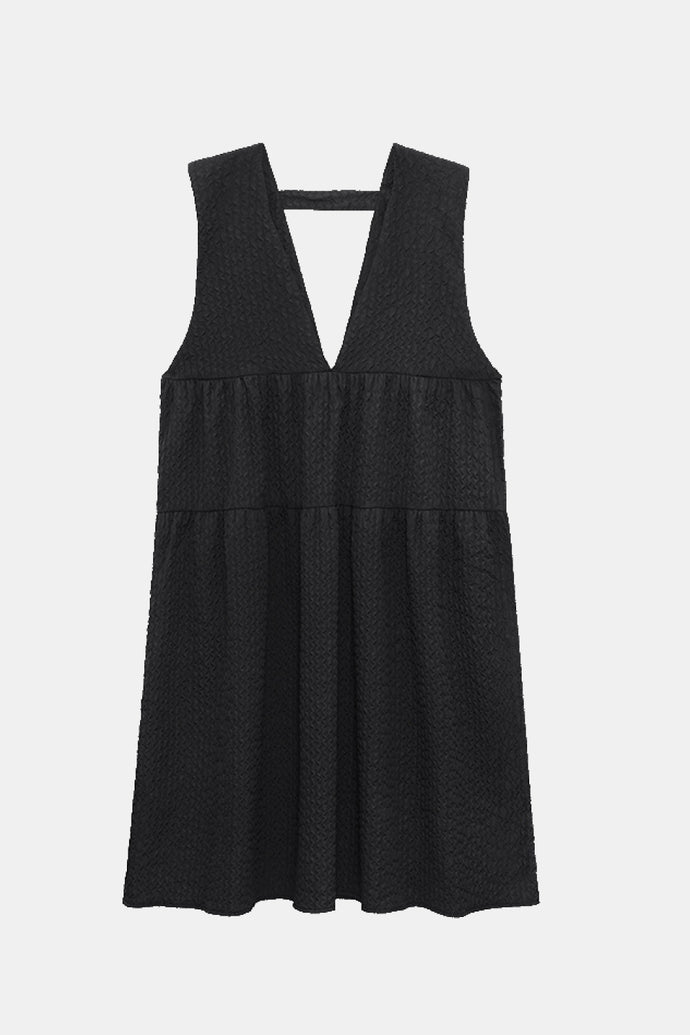 Textured Deep V Open Back Pinafore Dress