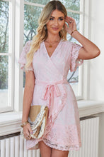 Load image into Gallery viewer, Tie Waist Surplice Neck Pom-Pom Trim Dress
