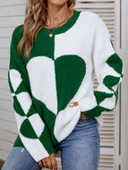 Contrast Heart Pattern Rib-Knit Sweater