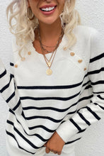 Load image into Gallery viewer, Striped Heart-Shaped Button Round Neck Sweater
