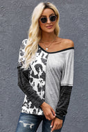 Leopard & Striped Print V-neck Tee