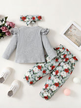 Load image into Gallery viewer, Girls Ribbed Top and Floral Bow Detail Pants Set
