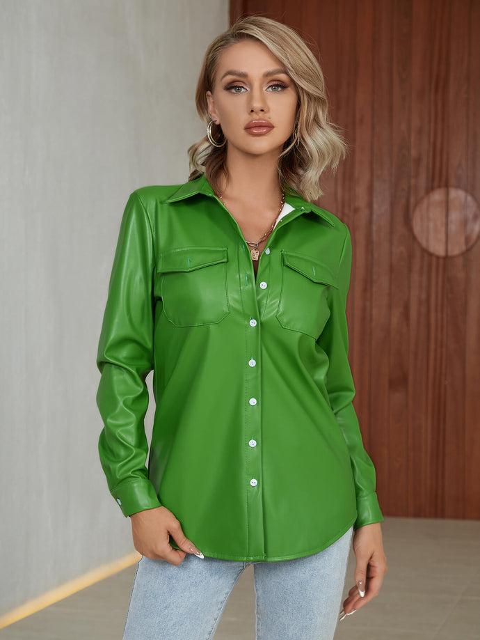 Button Down Curved Hem PU Leather Shacket