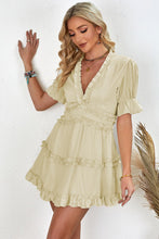 Load image into Gallery viewer, Frill Trim Short Puff Sleeve Plunge Dress
