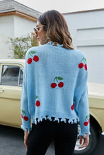 Load image into Gallery viewer, Cherry Pattern Frayed Trim V-Neck Sweater
