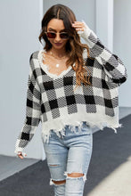 Load image into Gallery viewer, Plaid Frayed Trim V-Neck Sweater
