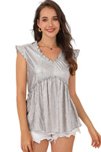 Load image into Gallery viewer, Frill Trim V-Neck Metallic Blouse
