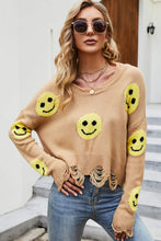 Load image into Gallery viewer, Smiley Face Distressed Round Neck Sweater
